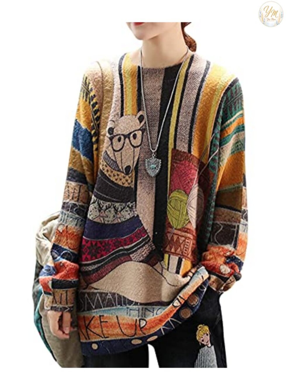 Women's Oversized Graphic Cat Print Pullover Sweater Crew Neck Long Sleeve Knit